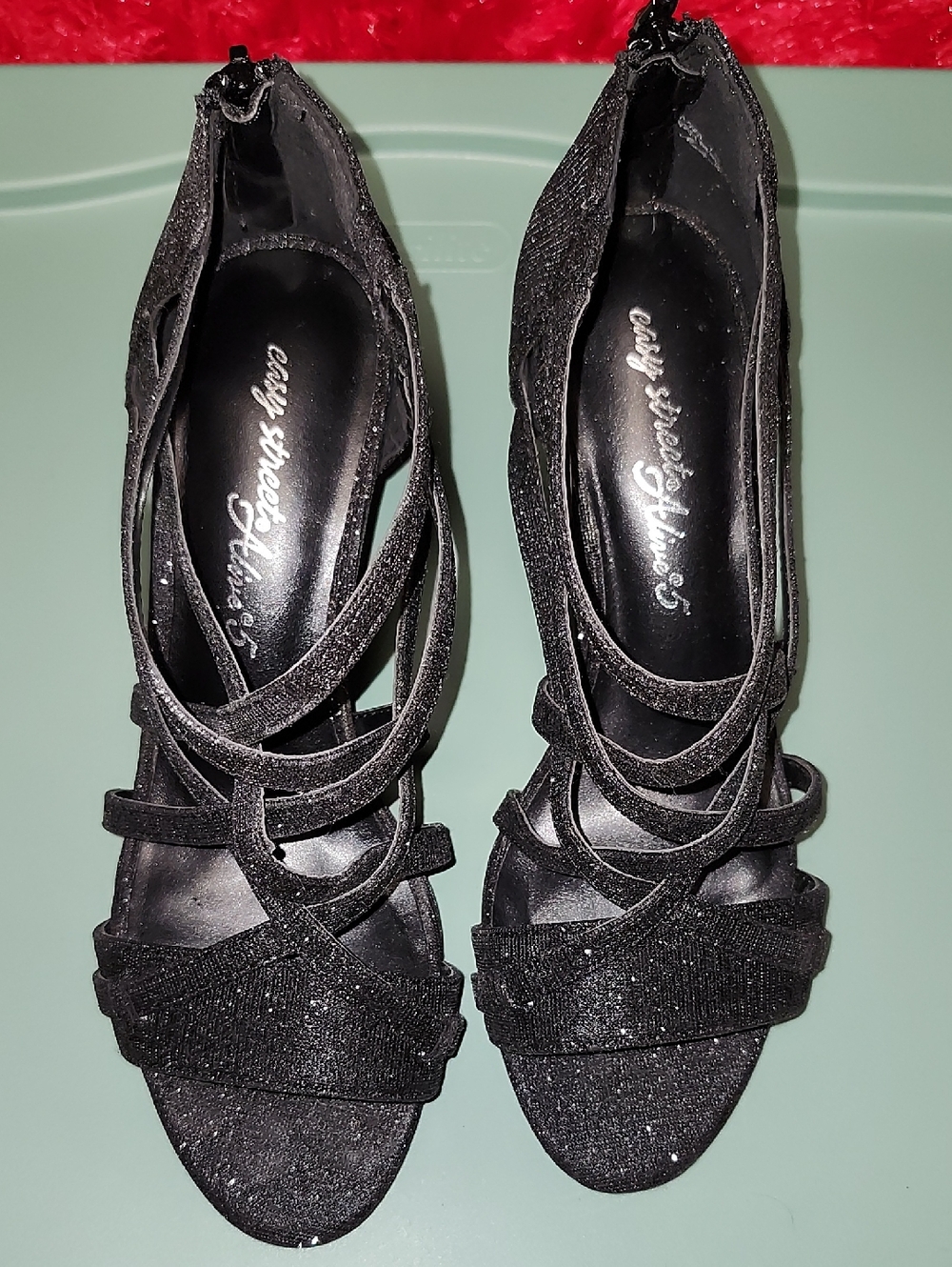 City Streets Black Strappy Glitter Heels